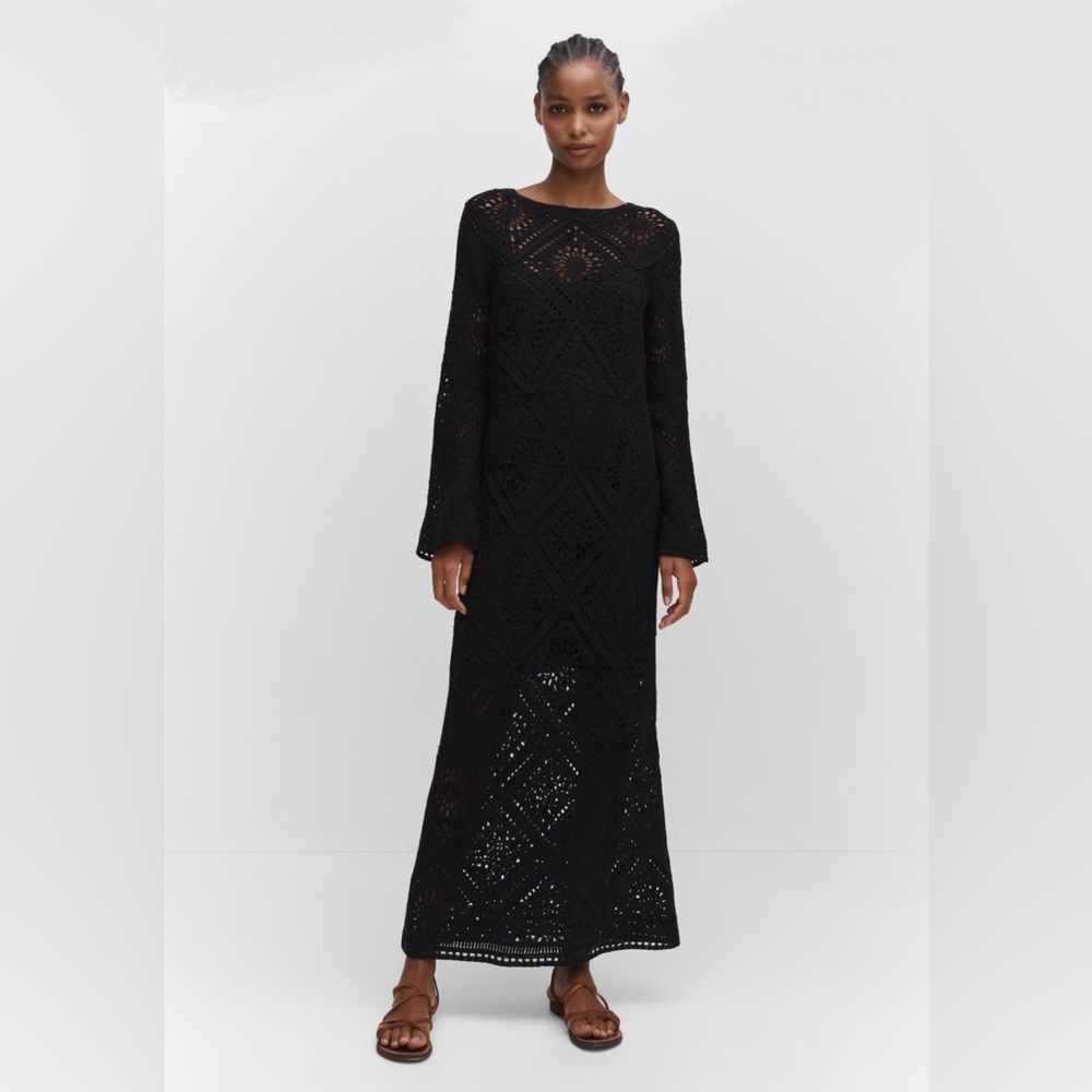 Mango black flared-sleeve crochet dress size M